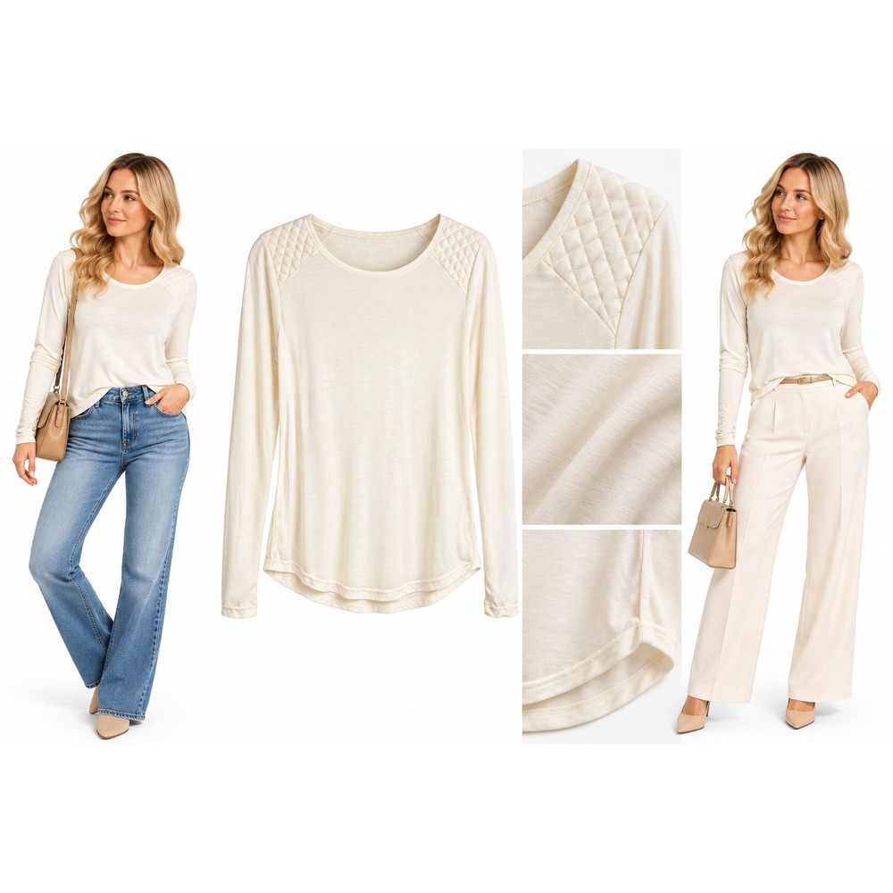 Banana Republic Top S Cream Quilted Shoulder Long Sleeve Quiet Luxury Minimalist